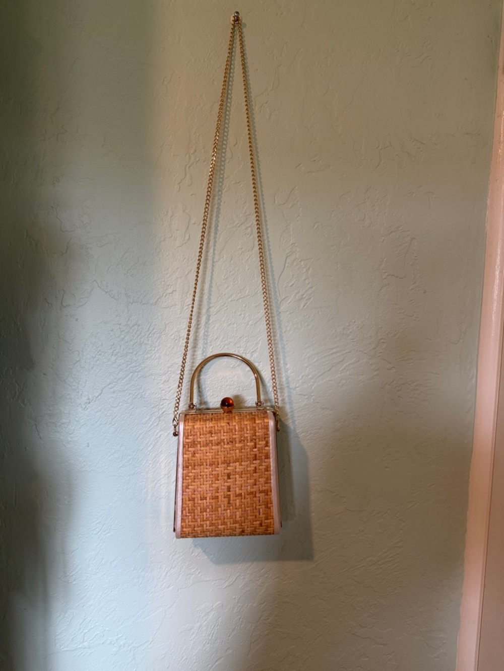 Woven Straw Box Bag with Gold Chain - Brown